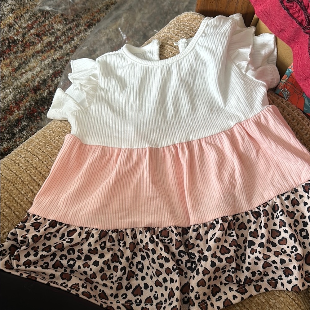 Girls' White and Pink Ruffle Dress with Leopard Print